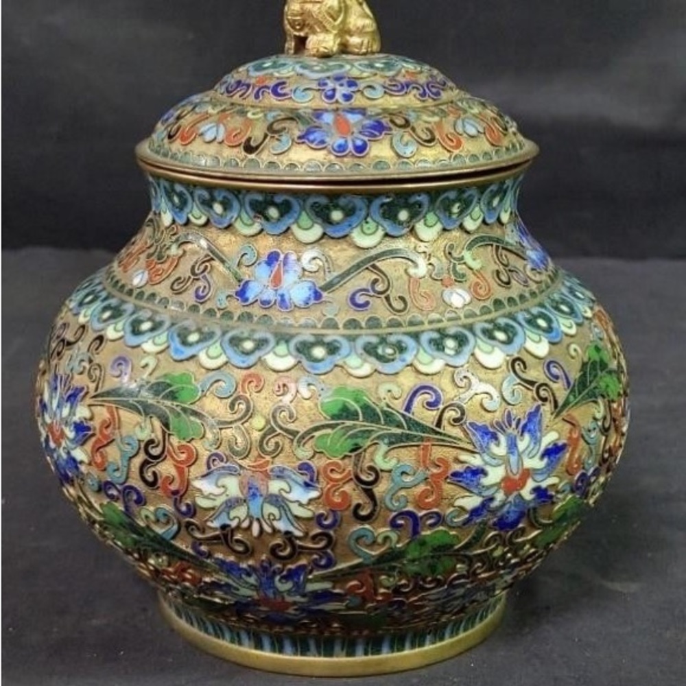 Vintage Chinese Cloisonné Gilt Brass Lidded Jar With Foo Dog Finial Gold Blue